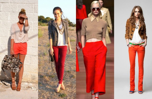 Трендовое сочетание в женском гардеробе: коричневый и красный.