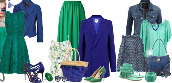 Гармоничный аутфит – платье приглушенного зеленого цвета и кобальтовый жакет