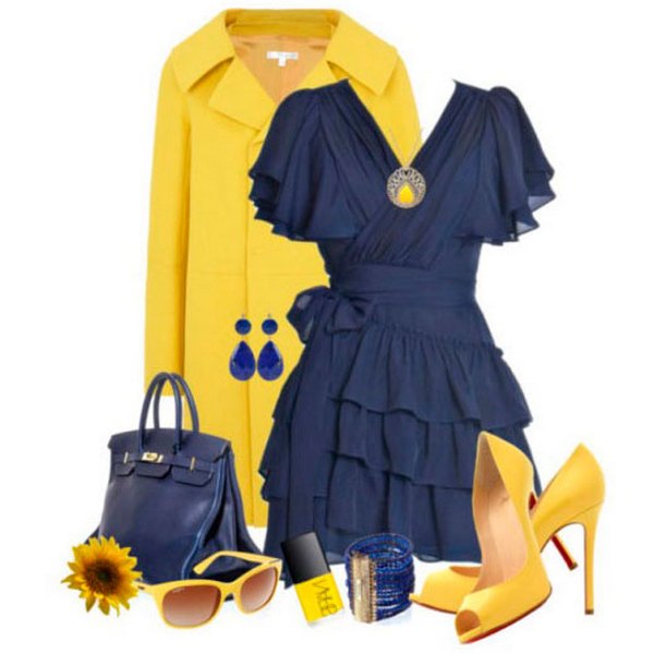 Романтичный лук в синих оттенках выглядит впечатляюще благодаря дозированному  присутствию желтого в аксессуарах