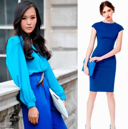 Дуэт ярко-синей юбки и голубой блузы – эффектный ансамбль для важного мероприятия
