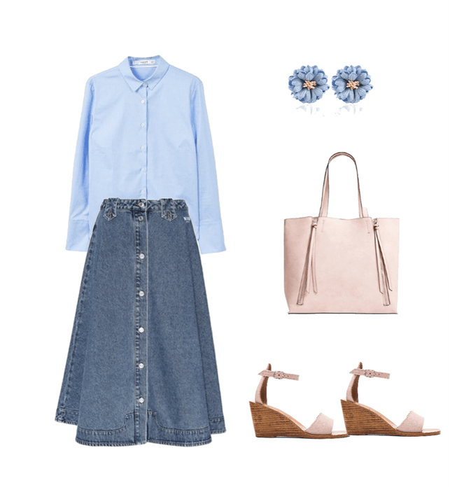 Синяя джинсовая юбка, голубая рубашка, пудровые босоножки и васильковые серьги — образ на теплый сентябрь.