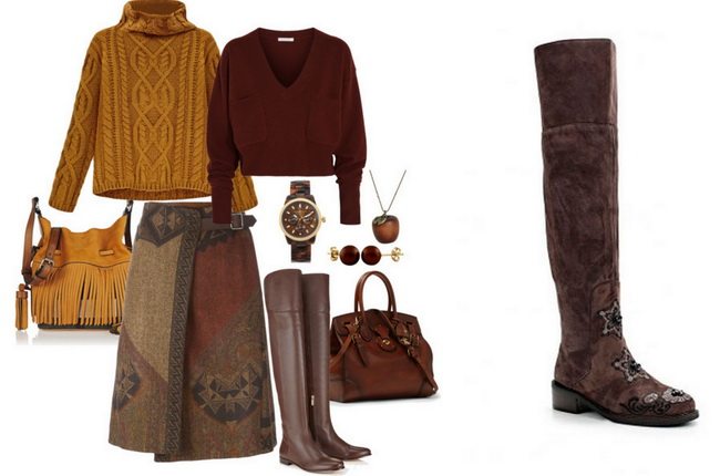Эффектный образ в стиле бохо-шик собирается с коричневыми замшевыми ботфортами без каблука и юбкой-миди, а также сумкой и свитером в одной цветовой гамме