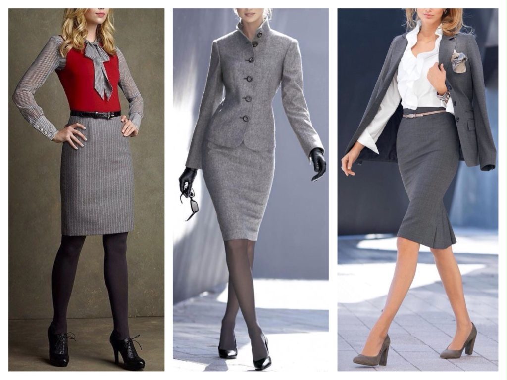 Серая юбка карандаш в сочетании с белым, серым или красным верхом - основа делового лука.