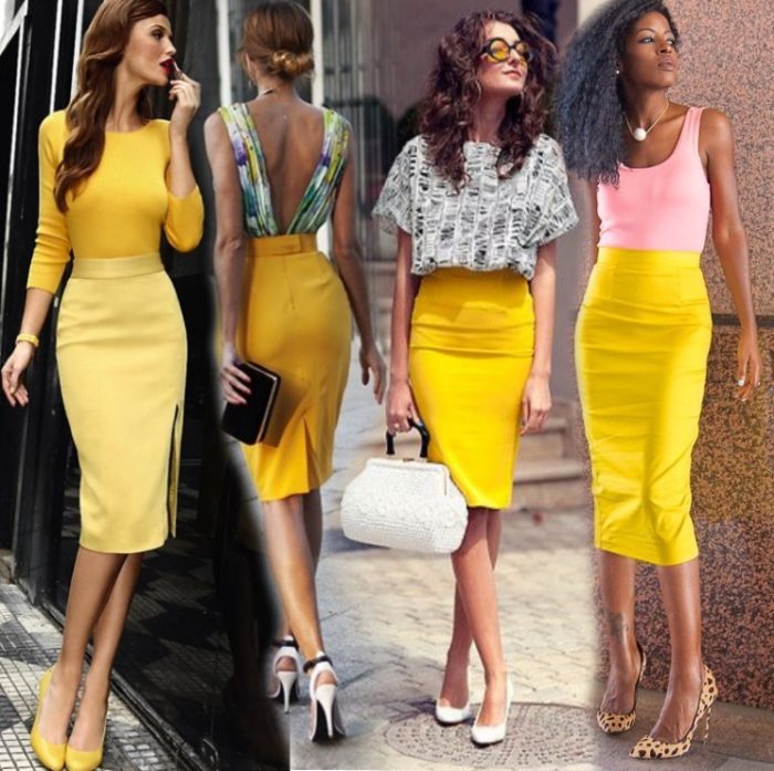 Желтая юбка карандаш отлично сочетается со светлыми или яркими блузами, майками и водолазками.