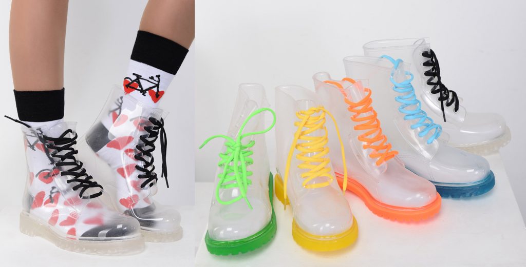 Яркие шнурки внесут разнообразие в образы с прозрачными ботинками.