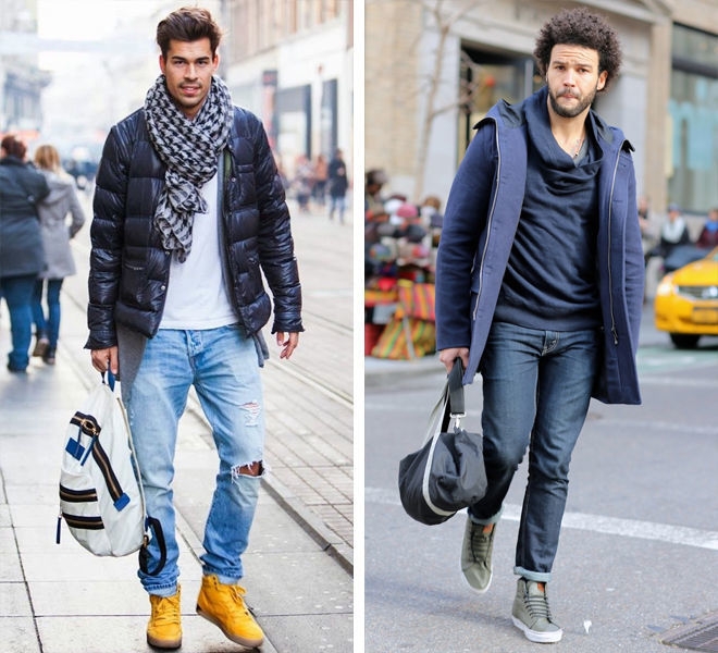 Зимние стрит-луки с джинсами и спортивной обувью. 