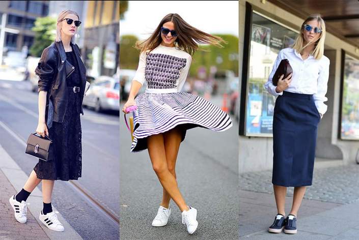 Кеды и юбки и платья - эффектное и модное сочетание.