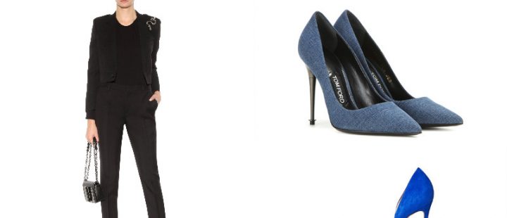 Черный костюм и синие туфли - классика офисного стиля.