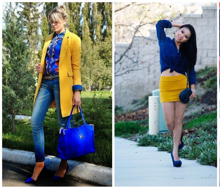 Яркие повседневные луки с желтыми элементами гардероба и синими туфлями.