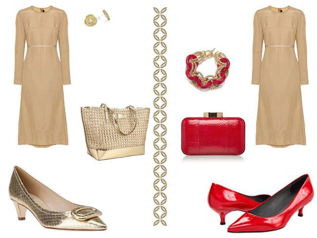 Идеальный вариант – туфли и платье в одной бежево-серебристой палитре и контрастные по цвету красные в тон с сумочкой и украшением