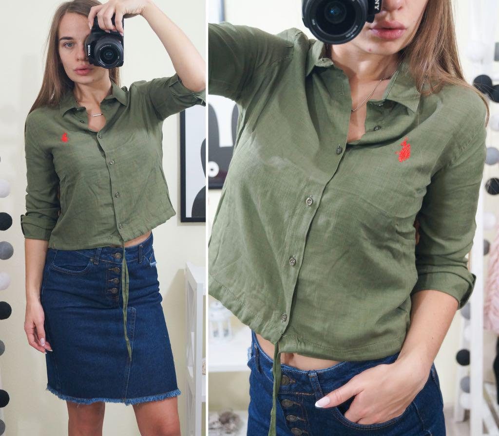 Рубашка цвета хаки и джинсовая укороченная юбка – притягательный повседневный образ