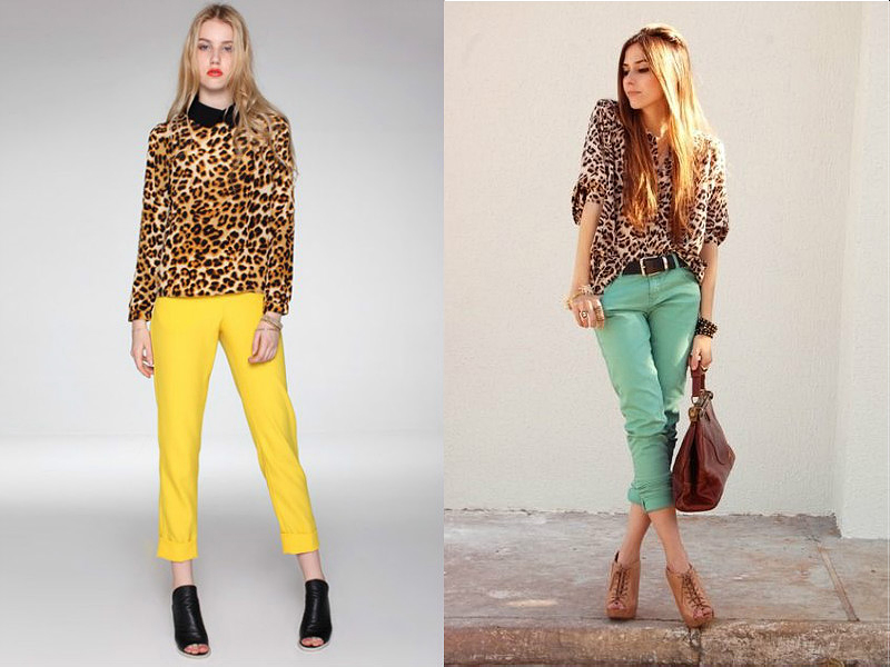 Рубашки с леопардовым рисунком хорошо выглядят в дуэте с однотонными брюками