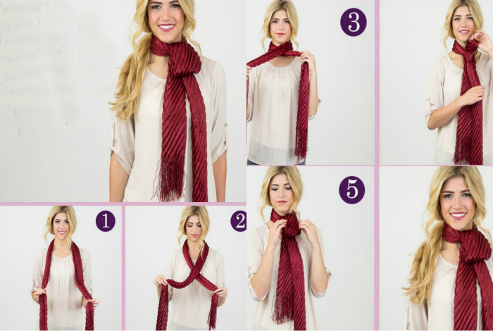 Длинный шарф, завязанный в форме петли, — просто и креативно.