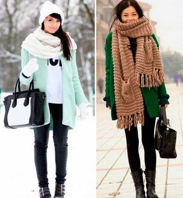 Объемные шарфы хорошо сочетаются с укороченными и однобортными пальто
