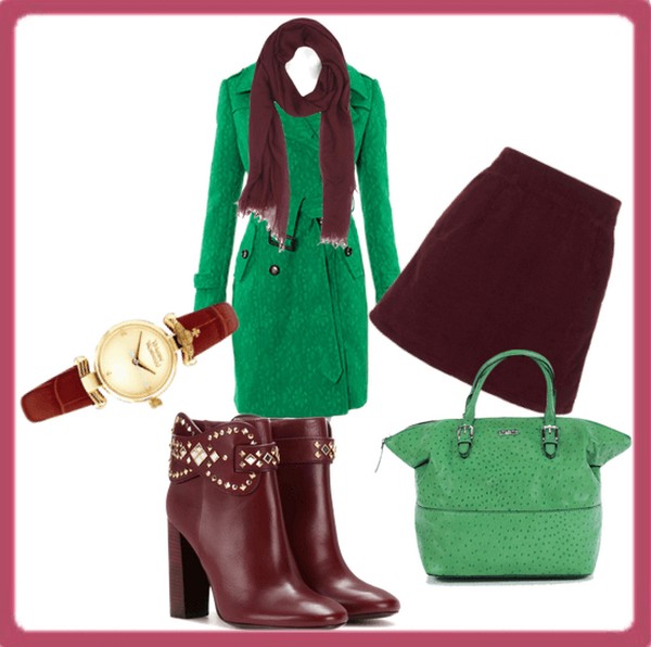 Классический вариант сочетания шарфа и пальто - благородный бордовый и яркий зеленый