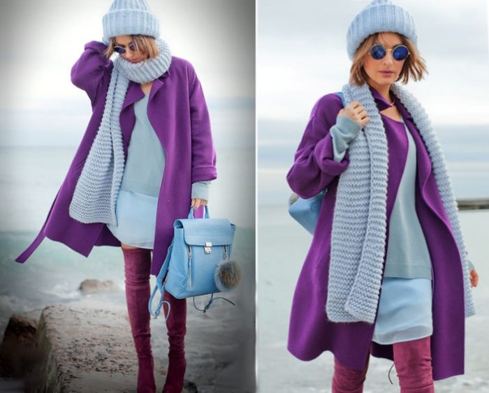 Насыщенный фиолетовый цвет пальто прекрасно гармонирует с нежно-голубым оттенком шарфа в городском луке