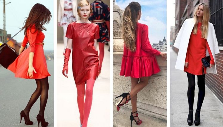 Однотонные красные платья прекрасно сочетаются с колготками разных цветов и плотности