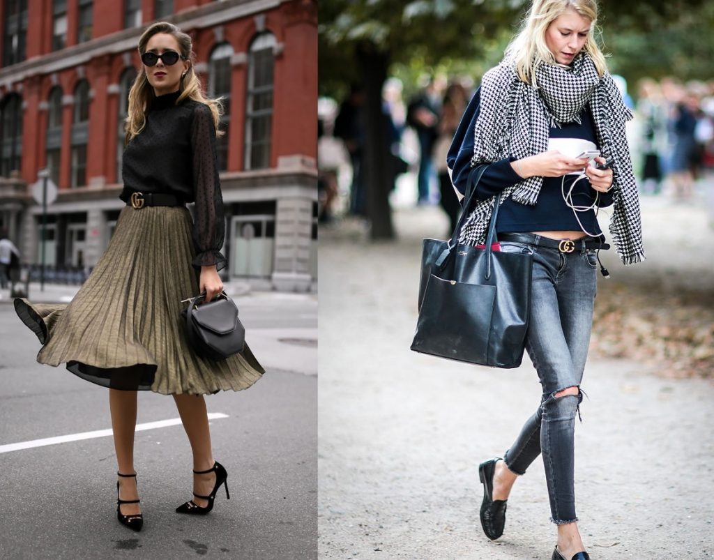 Слева вы видите ремень Gucci с плиссированной женственной юбкой и экстравагантными туфельками на каблуке, справа – с джинсами, габаритной сумкой и обувью на плоском ходу